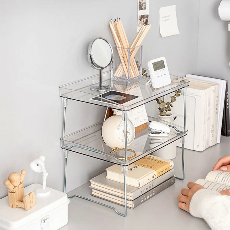 STACKABLE CLEAR PLASTIC STORAGE RACK FOR MAKEUP KITCHEN  AND STATIONERY