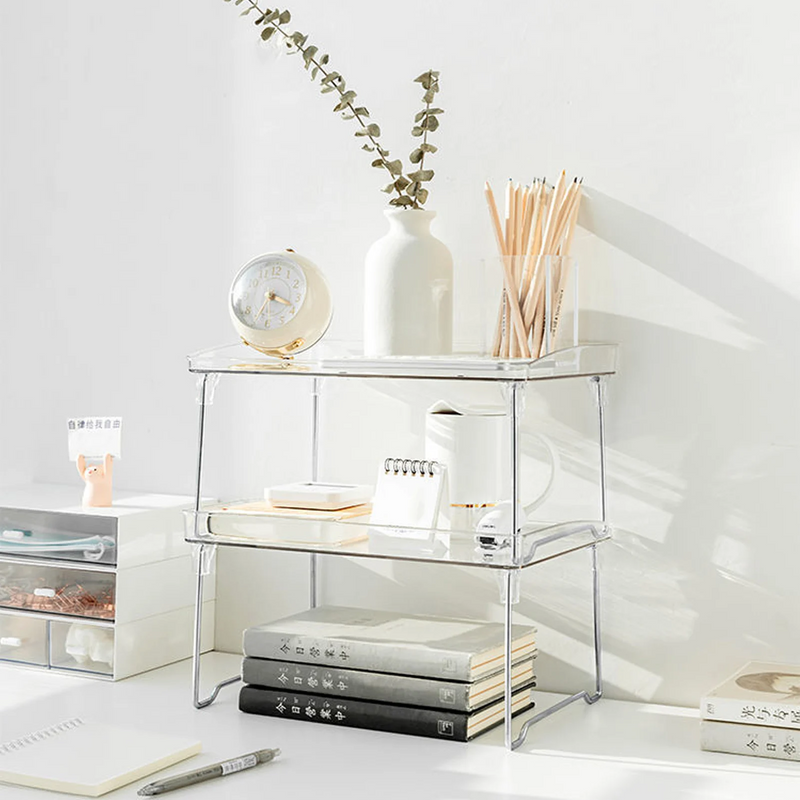 STACKABLE CLEAR PLASTIC STORAGE RACK FOR MAKEUP KITCHEN  AND STATIONERY