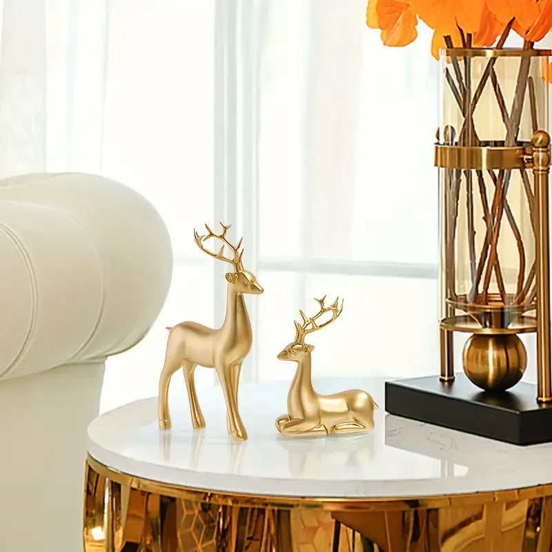 2 PIECE GOLDEN DEER FIGURINE SET – PERFECT DECOR FOR LIVING ROOM & BEDROOM