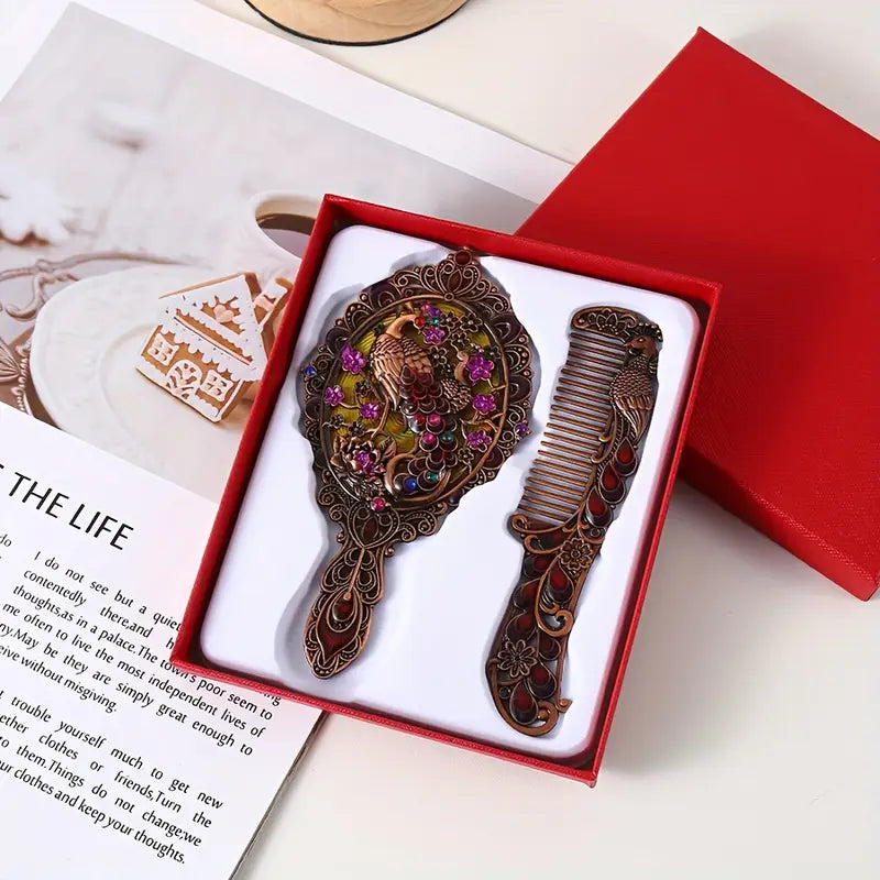 PEACOCK CROWN MIRROR & COMB SET - STAINLESS STEEl PORTABLE NO BATTERY - PERFECT FOR TRAVEL & GIFTS