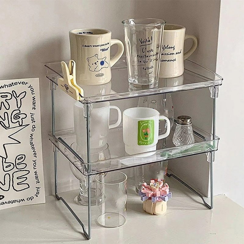 STACKABLE CLEAR PLASTIC STORAGE RACK FOR MAKEUP KITCHEN  AND STATIONERY