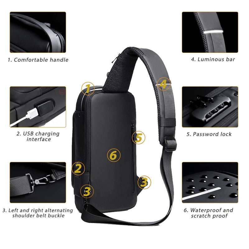 SPORT SLING BAG WITH USB CHARGING, PASSWORD LOCK, LARGE CAPACITY, WATER RESISTANT, ANTI-THEFT CROSSBODY BAG