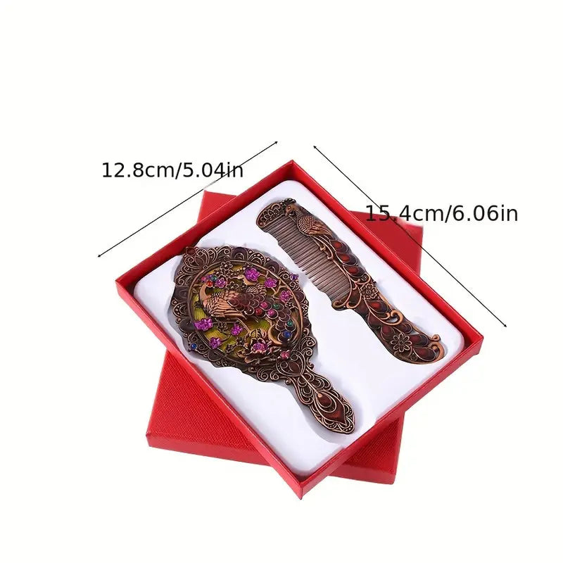 PEACOCK CROWN MIRROR & COMB SET - STAINLESS STEEl PORTABLE NO BATTERY - PERFECT FOR TRAVEL & GIFTS