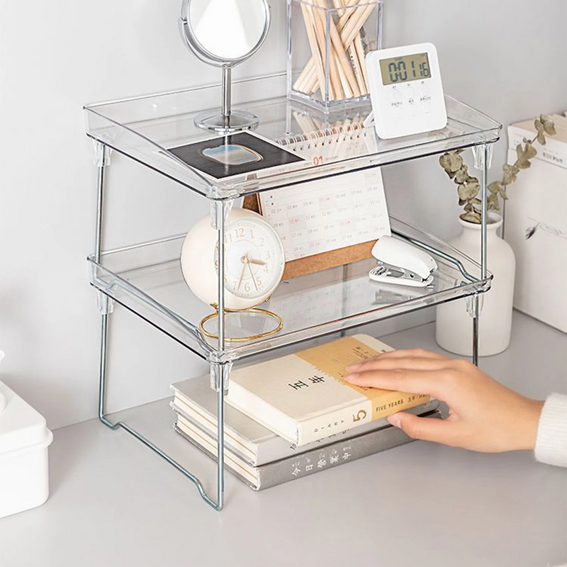 STACKABLE CLEAR PLASTIC STORAGE RACK FOR MAKEUP KITCHEN  AND STATIONERY