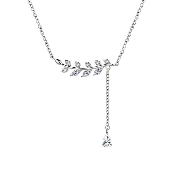 STERLING SILVER LEAVES ZIRCON PENDANT NECKLACE FOR WOMEN FASHION JEWELRY GIFT