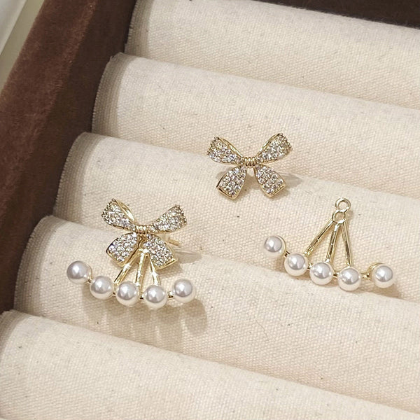 KOREAN LUXURY ZIRCON BOW STUD EARRINGS FOR WOMEN, PEARL BOW KNOT JEWELRY