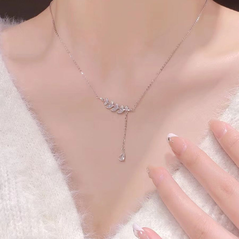 STERLING SILVER LEAVES ZIRCON PENDANT NECKLACE FOR WOMEN FASHION JEWELRY GIFT