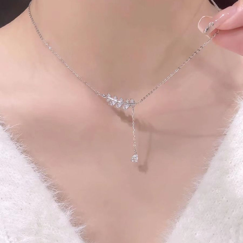 STERLING SILVER LEAVES ZIRCON PENDANT NECKLACE FOR WOMEN FASHION JEWELRY GIFT