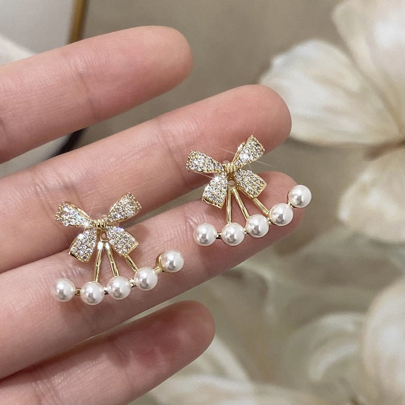 KOREAN LUXURY ZIRCON BOW STUD EARRINGS FOR WOMEN, PEARL BOW KNOT JEWELRY