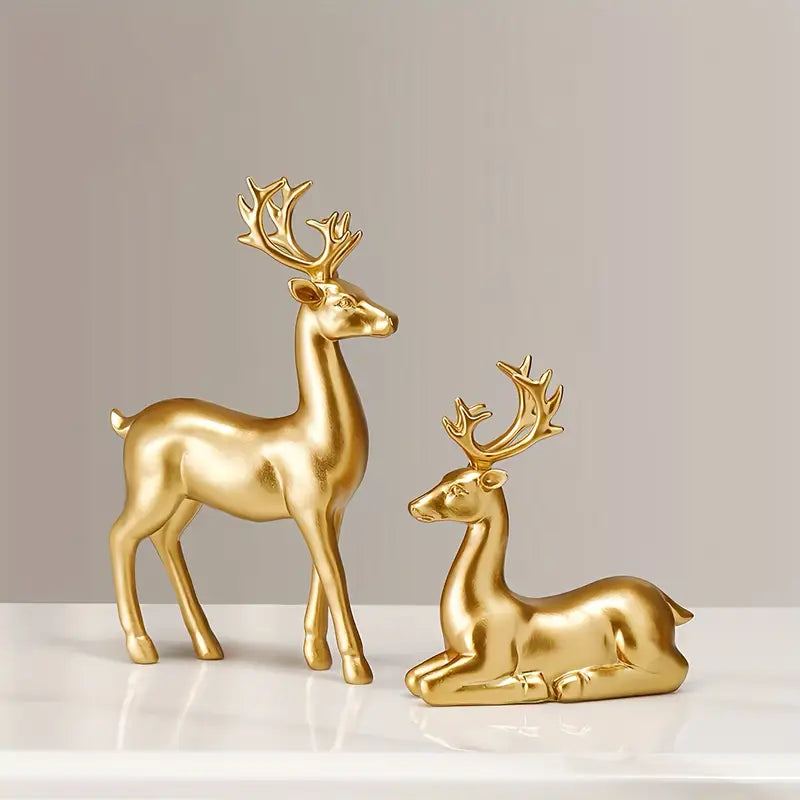2 PIECE GOLDEN DEER FIGURINE SET – PERFECT DECOR FOR LIVING ROOM & BEDROOM