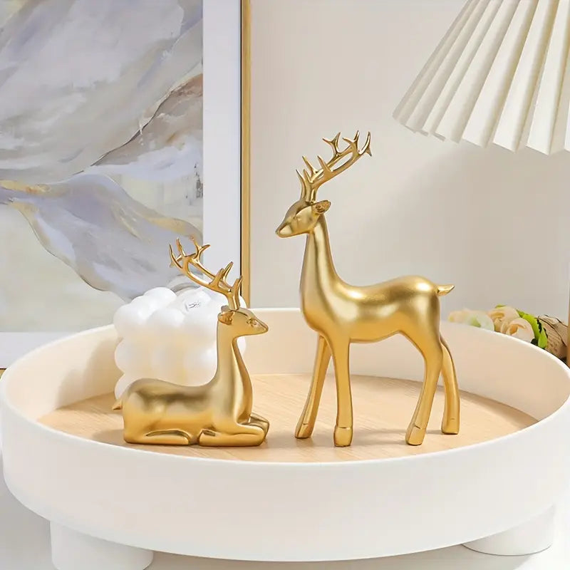 2 PIECE GOLDEN DEER FIGURINE SET – PERFECT DECOR FOR LIVING ROOM & BEDROOM