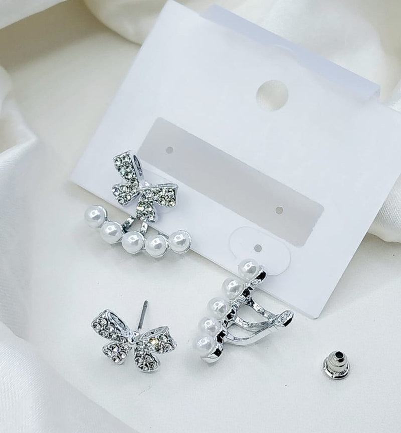 KOREAN LUXURY ZIRCON BOW STUD EARRINGS FOR WOMEN, PEARL BOW KNOT JEWELRY