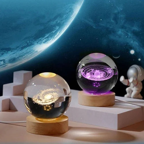3D CRYSTAL BALL NIGHT LAMP WITH WOODEN BASE SOLAR SYSTEM CRYSTAL BALL NIGHT LIGHT, BEDROOM DECOR